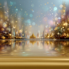 Obraz premium Golden temple reflection with sparkling bokeh lights and soft blue sky creates magical and festive atmosphere by water