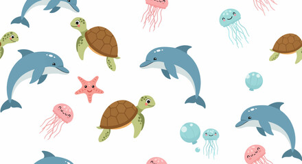 Playful Cartoon Sea Turtles and Dolphins Seamless Pattern.