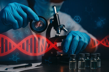 AI generated biotechnology image showing a scientist hand with magnifier analyzing biological sample with glowing DNA helix and molecular graphics symbolizing genetic research and medical progress