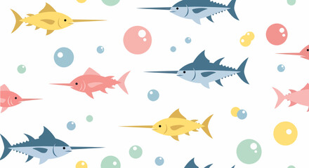 Playful cartoon swordfish in blue yellow pink swimming with colorful bubbles a vibrant aquatic pattern.