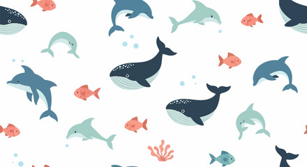 Playful Marine Life Pattern Whales Dolphins and Fish in Cartoon Style.