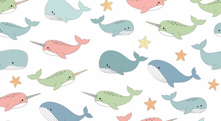 Playful Narwhal and Whale Pattern Pastel Colors Cute Cartoon Style Seamless Design.