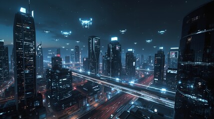 High-Tech Smart City of the Future with Neon Glow and Flying Drones
