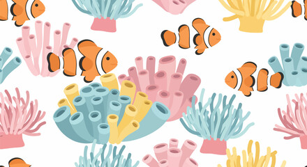 Playful Orange and White Clownfish Swimming Among Colorful Coral Reefs.