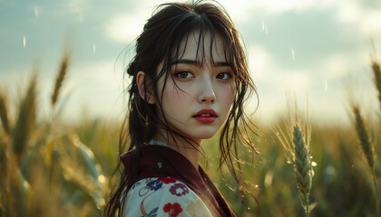 Beautiful young japanese woman in traditional kimono standing in a golden wheat field during a gentle rain shower