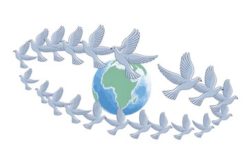 Flock of doves gracefully circles the vibrant Earth, symbolizing global unity and hope for a peaceful future