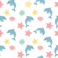 Seamless Pattern with Cute Cartoon Dolphins Starfish and Seashells.