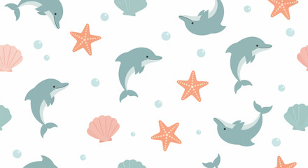 Seamless Pattern with Dolphins Starfish and Seashells in Pastel Colors.