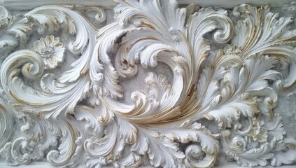Ornate, detailed carvings in a light cream and gold color scheme create a luxurious, decorative wall panel.