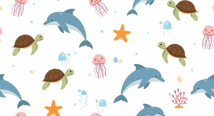 Seamless Pattern with Dolphins Turtles Starfish and Jellyfish on White Background.