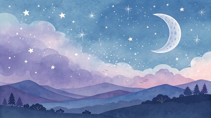 Obraz premium Watercolor painting of a night sky with moon, stars, clouds, and mountains creating a dreamy and serene landscape