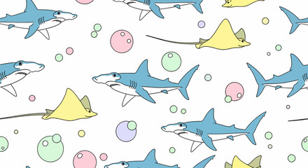 Whimsical Cartoon Pattern Featuring Blue Sharks and Yellow Stingrays with Bubbles.