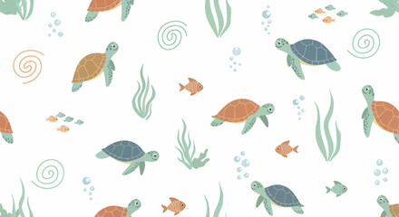 Whimsical Cartoon Sea Turtles Swimming Among Seaweed and Fish Patterned Design.