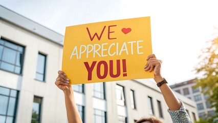A yellow sign held up in the air reads we appreciate you with a heart, showing support and gratitude for essential workers