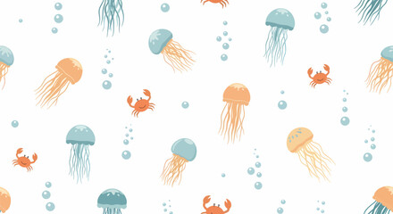 Whimsical Watercolor Jellyfish and Crabs Seamless Pattern Design.