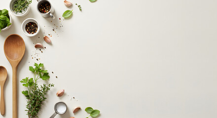 Culinary flat lay with fresh green herbs, aromatic spices, and wooden spoons. Healthy cooking and food preparation background with copy space