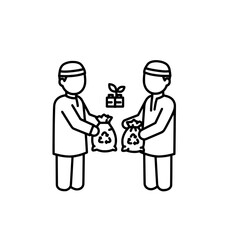 Recycling workers exchanging bags of waste with transparent background