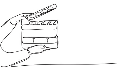 Hands holding a movie clapperboard in a single line art style