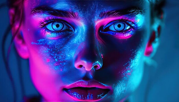 Closeup portrait of a womans face illuminated by vibrant neon blue and pink lights, creating a futuristic glow