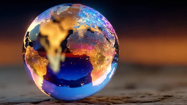 Colorful illuminated globe representing Earth with vibrant patterns during dusk against a blurred background