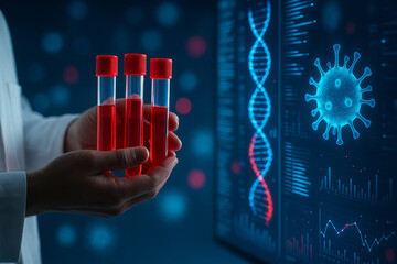 AI generated conceptual image of medical biotechnology showing scientist holding blood test tubes with digital DNA helix virus graphics symbolizing genetic research and modern bioinformatics