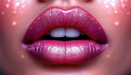 Obraz premium Close up of a womans lips with sparkly pink lipstick and glitter, perfect for beauty and makeup concepts