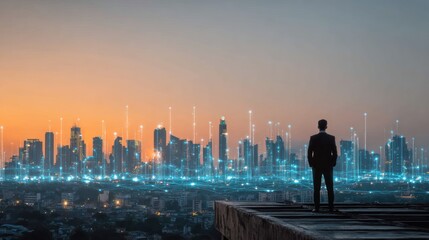 Businessman Standing on Roof Overlooking Futuristic City Skyline with Digital Light Effects