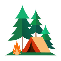 Camping in forest with tent and campfire landscape vector on white background.