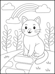 Illustration of Curious Black and White Cartoon Cat Exploring a Garden Coloring Page for Kids and Adults