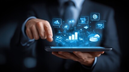Businessman Using Digital Tablet with Data Analytics and Cloud Icons in Dark Office Setting