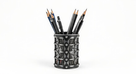 Metal pencil holder with pencils and pens on a white background in a studio setting view from the front