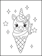 Adorable Unicorn Ice Cream Cone Coloring Page for Kids – Cute Fantasy Dessert Cartoon Illustration for Children’s Printable Activity, Fun Learning, and Creative Coloring Book