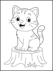 Smiling Kitten on Tree Stump Coloring Page for children.  Printable black and white  Cute Cat for Kids