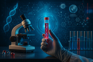 AI generated image of cancer research concept with scientist hand holding test tube and digital DNA graphics representing biomarker detection and future medical innovation
