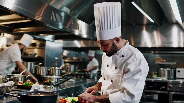 A bustling kitchen scene captured from a side angle, showcasing chefs in action. The video highlights culinary expertise and teamwork in a professional setting.