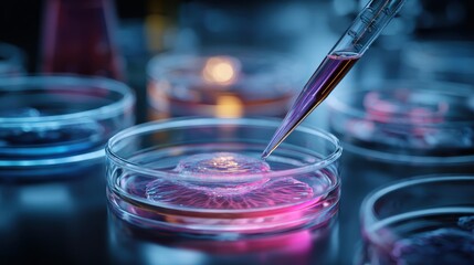 Pipette dispensing purple liquid into petri dish for scientific World Health Day.