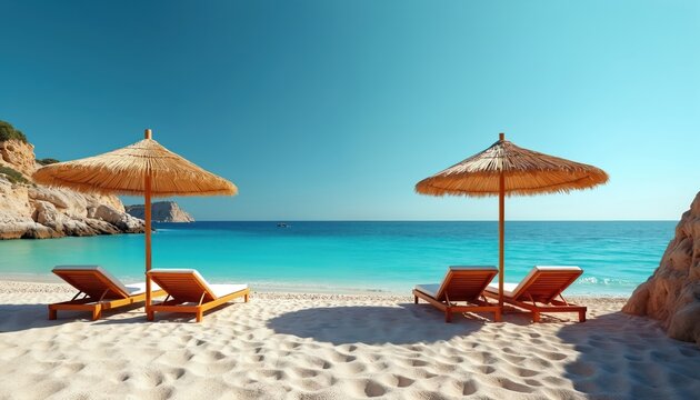 Serene beach lounge area features straw umbrellas, wooden deckchairs facing tranquil turquoise sea. Empty sandy shore offers peaceful relaxation. Sunny daytime sky complements idyllic summer vacation
