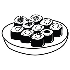 A beautifully arranged platter of sushi rolls featuring various fillings, served elegantly on a white plate with a minimalist background