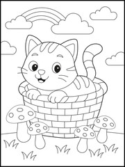 Cute Black and White Cartoon Kitten on a fruit basket. Printable Coloring Page for Kids and Adults