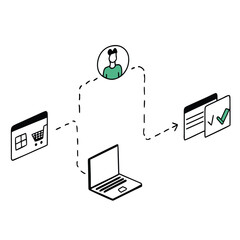 Illustration of online shopping process showing user interaction with devices and documents
