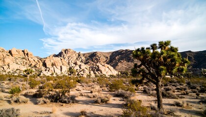 Scenic vista of Joshua Tree landscape, showcasing unique rock formations and desert vegetation