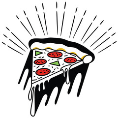 Colorful illustration of a dripping pizza slice with pepperoni and toppings, radiating excitement