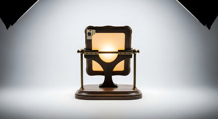 Illuminated device in a dark brown ornate stand with two lights on a white background in a studio setting