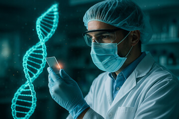 AI generated conceptual image of scientist in lab holding experiment tool with glowing DNA hologram symbolizing genetics biotechnology innovation and medical research progress