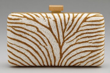 Beaded clutch, rectangular shape, gold clasp, off-white & gold pattern