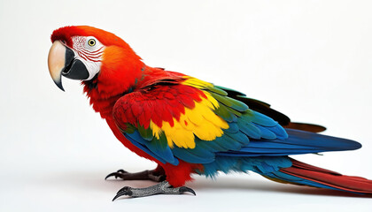 Obraz premium Vibrant scarlet macaw parrot striking red yellow, blue plumage against clean white background. Exotic bird with strong beak, intricate feathers represents wildlife, tropical nature. Beauty perfect