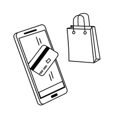 Smartphone displaying a credit card while a shopping bag is nearby, representing online shopping