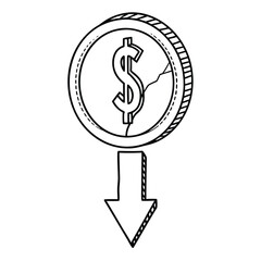 Cracked dollar coin symbolizing economic decline, with an arrow pointing downwards, representing financial loss