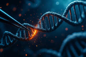 AI generated conceptual image DNA double helix being modified with tweezers glowing with orange sparks symbolizing gene editing CRISPR biotechnology medical research innovation and futuristic science
