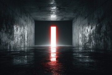 Glowing red doorway in a dark, damp concrete tunnel